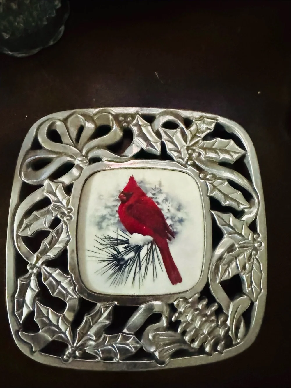 Lenox Red Cardinal Holiday Trivet with Silver-Tone Holly Frame